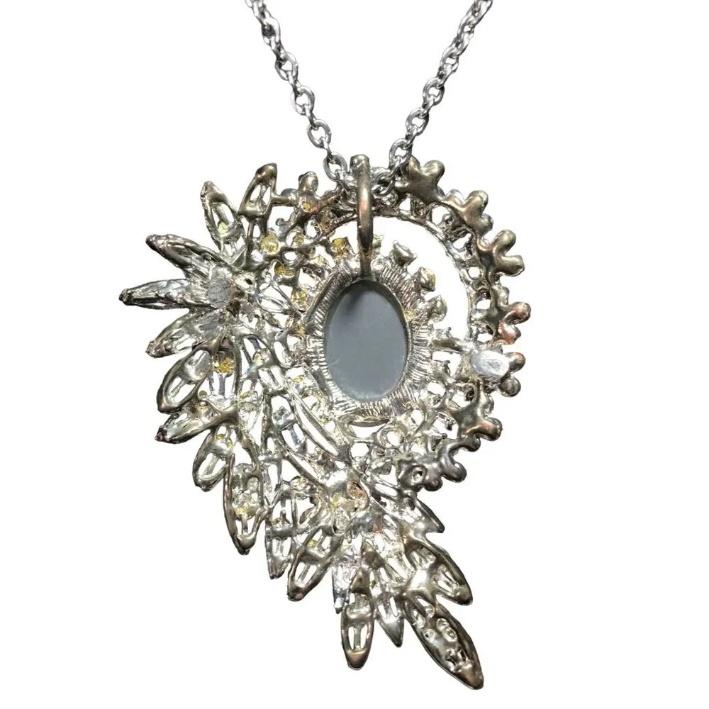 Vintage Large Clear Rhinestone Floral Layered Pendant Necklace Silver Tone 4” - Picture 5 of 6